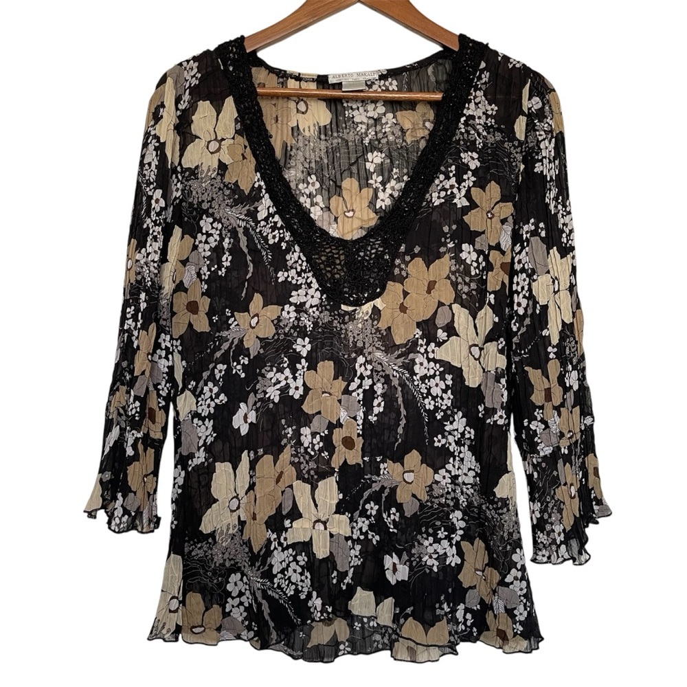 Alberto Makali Blouse Womens XL Black Floral Crochet Crinkle Boho Whimsigoth